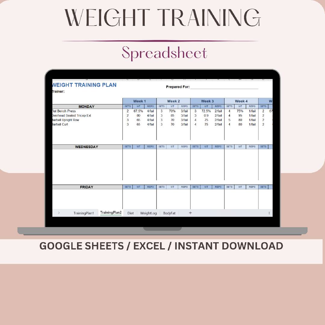 Weight Training Spreadsheet for Excel & Google Sheets, - Social
