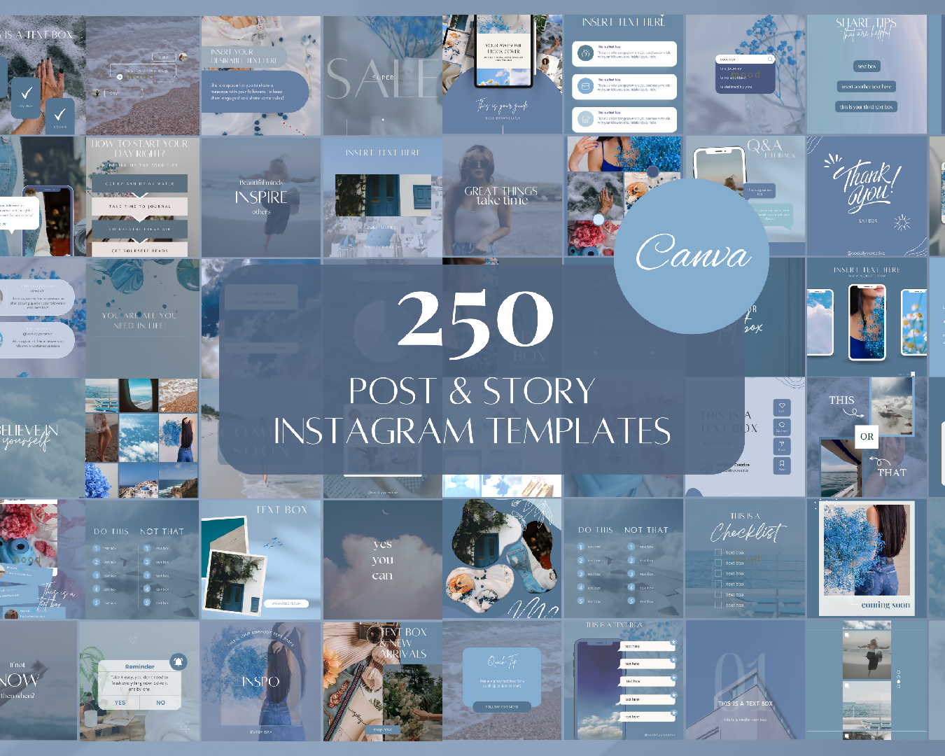 250 Blue Social Media Templates, Ocean Tropical Blue Instagram Canva Templates