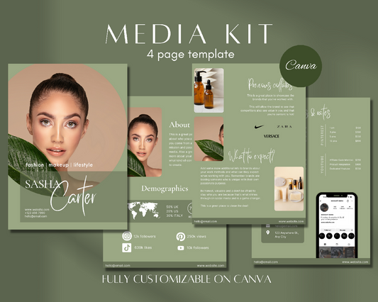 4 Page Media Kit Canva Template, Green Instagram Media Kit Influencer Rate Sheet Template