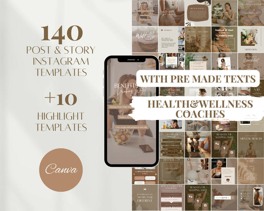 150 Health Wellness Coach Beige Brown Instagram Templates for Social Media