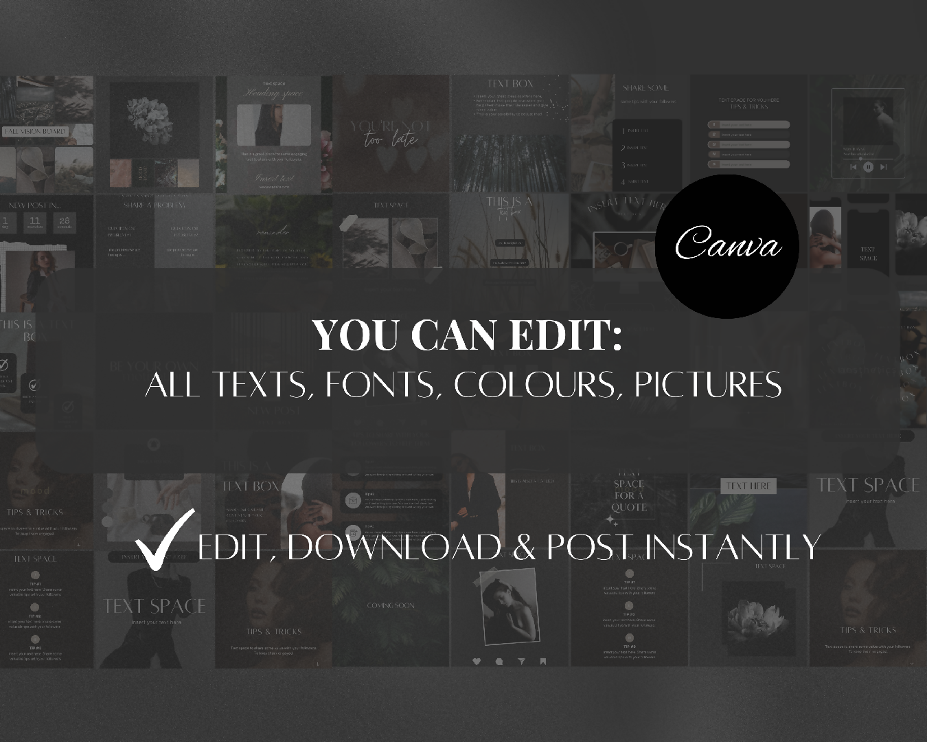 250 Black Instagram Social Media Canva Templates, Dark Black Moody Instagram Engagement Templates