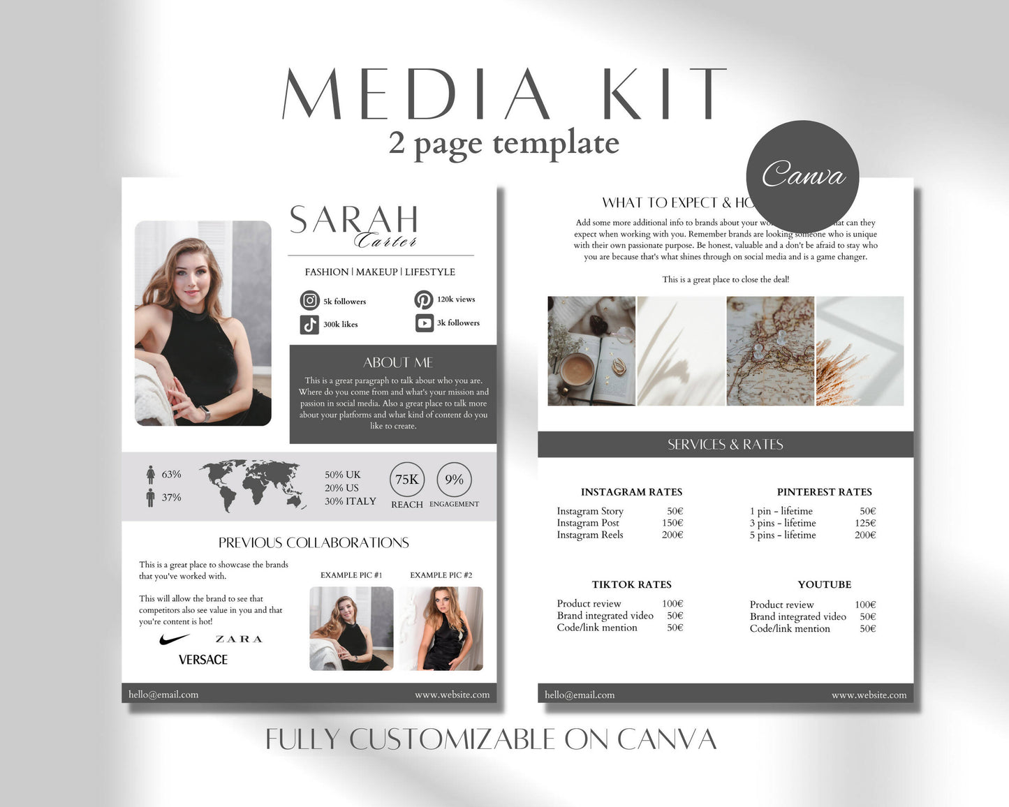 2 Page Minimal Grey Social Media Press Kit for Bloggers, Influencers, Small Business